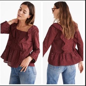 Madewell Burgundy Red Eyelet Peasant Blouse Top Size S